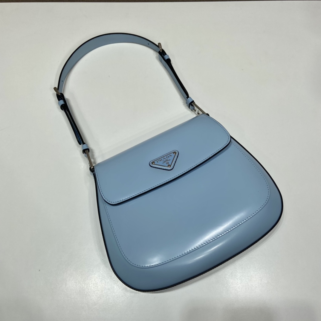 Prada Cleo Brushed Leather Shoulder Bag With Flap Light Blue 1BD303